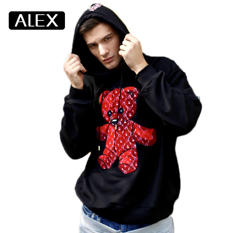 Alex Plein Herren Sweatshirt – Oversized Hoodie mit 100% Baumwolle und Teddy-Bär Stickerei