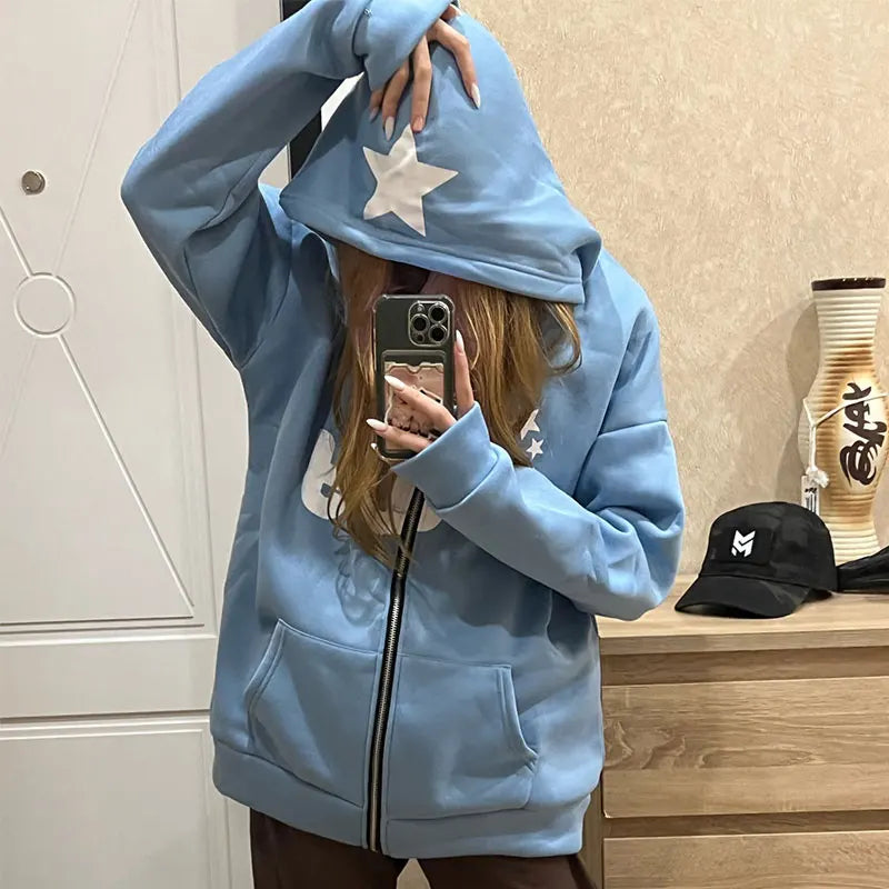 Vintage Zipper Stars Print Hoodie – Herbst/Winter Long Sleeve Sweatshirt für Männer