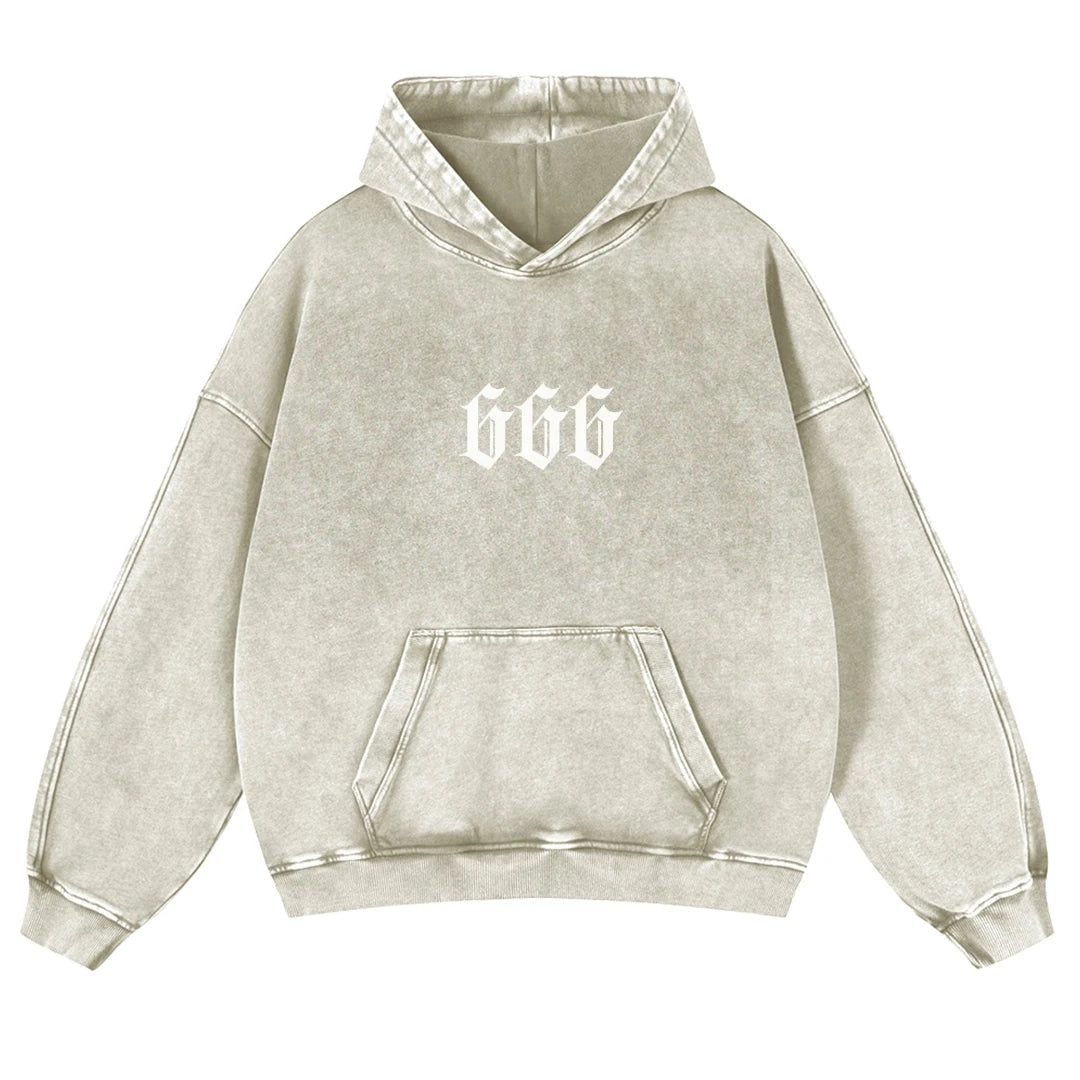 „666“ Digital Print Hoodie – Unisex Kapuzenpullover im Washed-Look