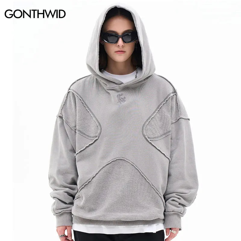Vintage Hoodie – Streetwear Hip Hop mit Stickerei, Washed Pullover, Harajuku Punk Goth Baumwoll-Hoodie für Herren