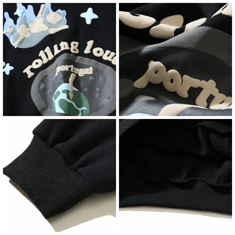 Europäisch-Amerikanischer Vintage Schwarzer Hoodie mit Totenkopf-Print - Rolling Cloud Foaming Print Kapuzenpullover für Männer