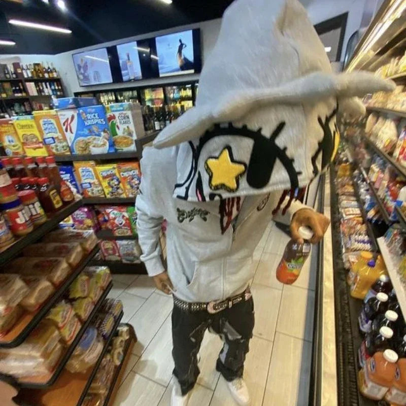 Y2K Zip-Up Hoodie Cardigan – Gelb mit Stern-Details im Campus Streetstyle (Unisex)