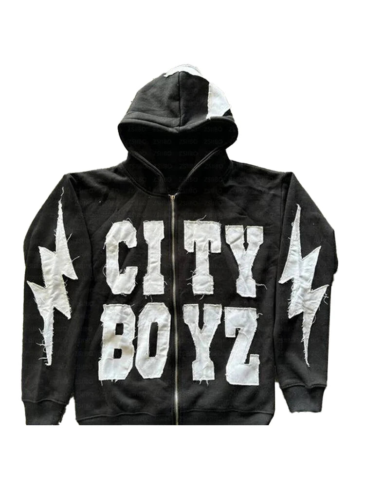 Streetwear Patchwork Graphic Letter Kapuzenpullover für Männer – Y2K Oversized Zip-Up Hoodie Harajuku Goth Style Sweatshirt