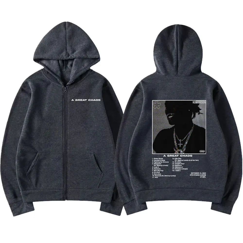 Rapper Ken Carson „A Great Chaos“ Album Zip-Hoodie – Unisex Streetwear Sweatshirt mit Kapuze, lässiger Schnitt, Fashion Harajuku Style