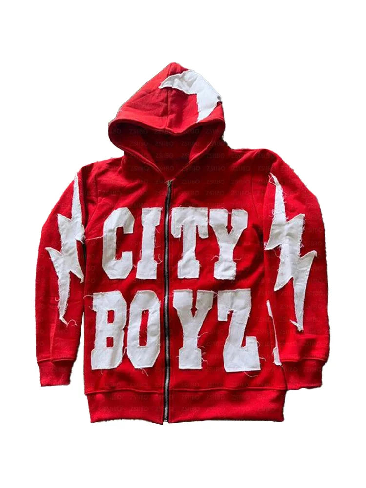 Streetwear Patchwork Graphic Letter Kapuzenpullover für Männer – Y2K Oversized Zip-Up Hoodie Harajuku Goth Style Sweatshirt