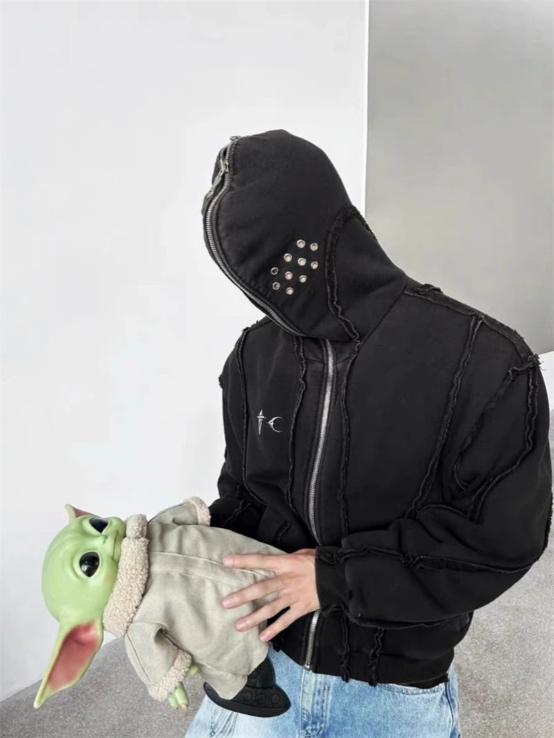 Y2K THUG CLUB VIBE Zipper Hoodie mit Shark Mask – Kurzer Hoodie für Herren, lässig & locker