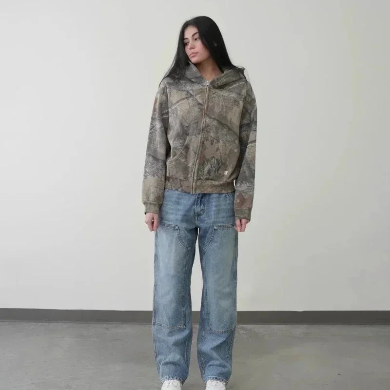 Y2K Retro Zip-Up Hoodie für Männer – Camouflage-Muster, Zipper Sweatshirt im High-Street Hip Hop Military Style