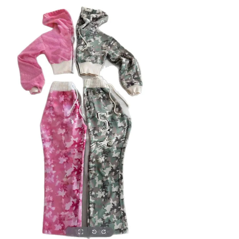 🌸 Damen Streetwear 2-Teiler – Bedrucktes Hoodie-Set mit Weitbein-Hose 🌸