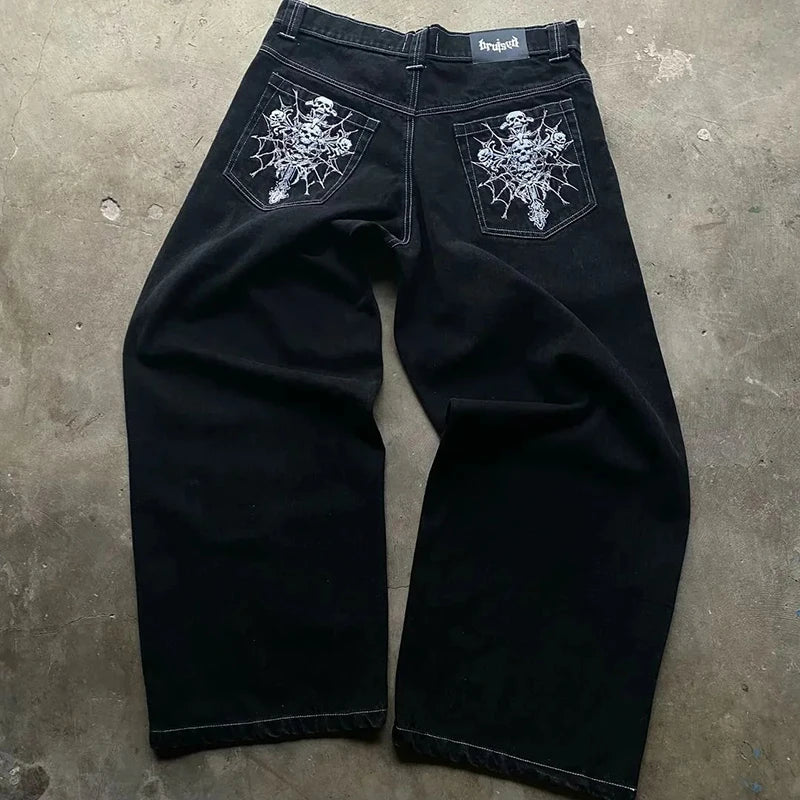 2025 Y2K Harajuku Jeans Hoodie Set – Totenkopf & Weite Gerade Denimhose