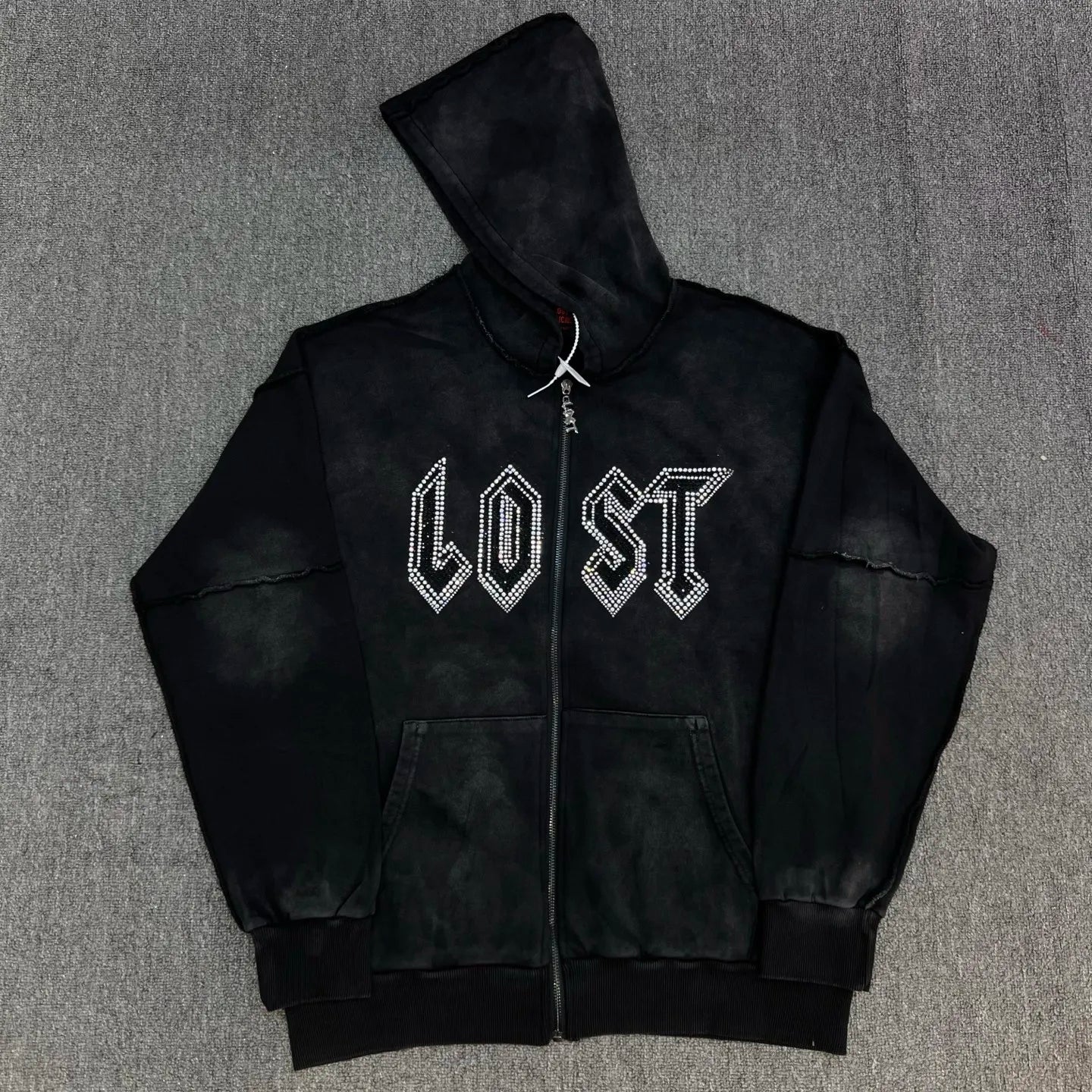 Lost Intricacy Diamond Zip Hoodie – Distressed Look, Unisex Streetwear Sweatshirt