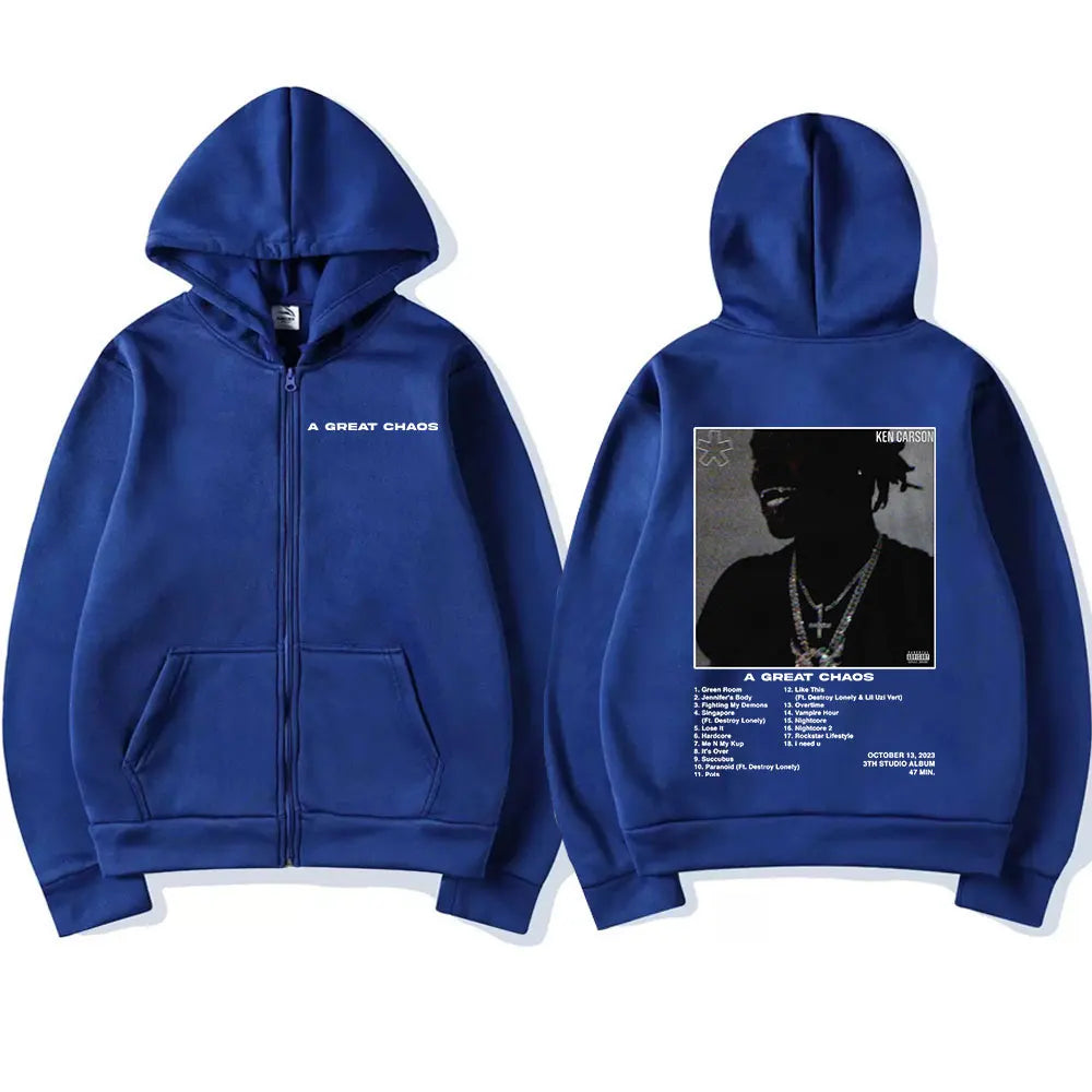 Rapper Ken Carson „A Great Chaos“ Album Zip-Hoodie – Unisex Streetwear Sweatshirt mit Kapuze, lässiger Schnitt, Fashion Harajuku Style