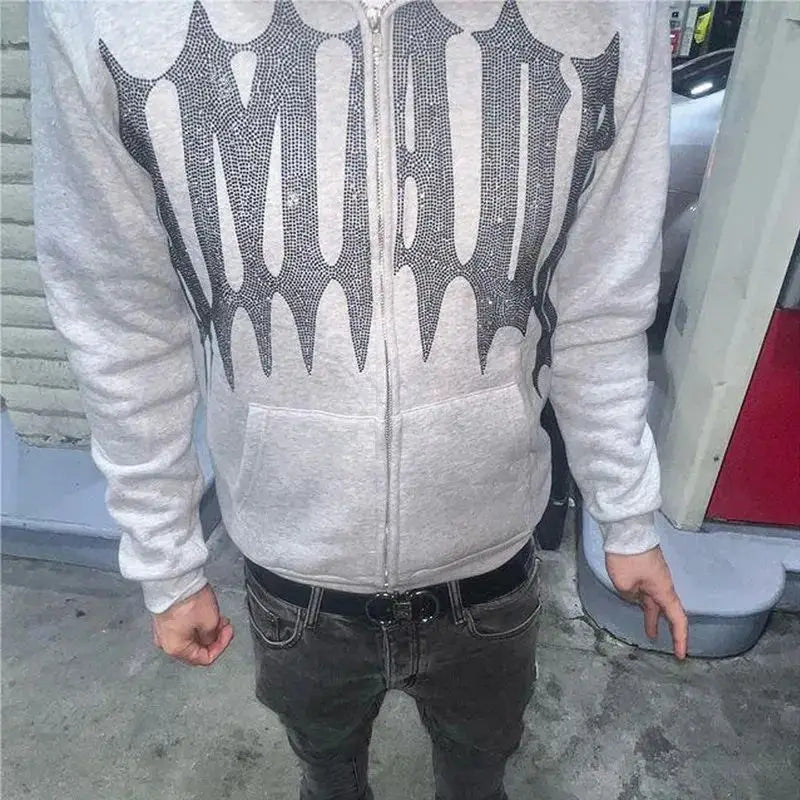 Rhinestone Skeleton Zip Hoodie – Schwarzer Gothic Y2K Style für Damen & Herren