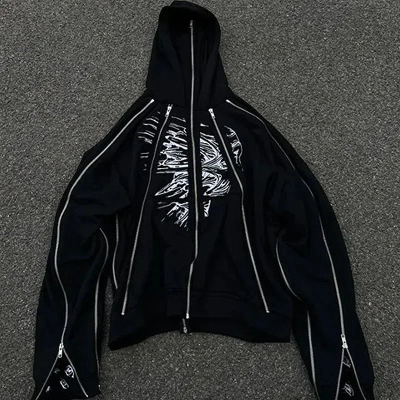 Neu! Street Style Hip Hop Fashion Geometric Print Zip-Up Hoodie – Unisex Loose Hooded Sweatshirt für Männer, Harajuku, Safari Stil