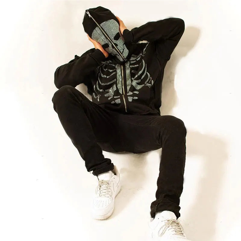 💀 Full Zip Hoodie – "Rhinestone Skeleton" | Oversized Gothic Streetwear für Sie & Ihn