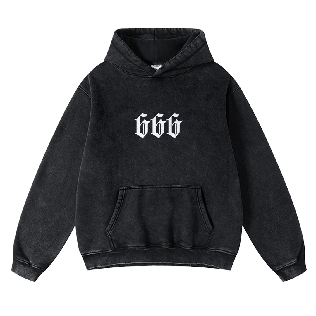 „666“ Digital Print Hoodie – Unisex Kapuzenpullover im Washed-Look