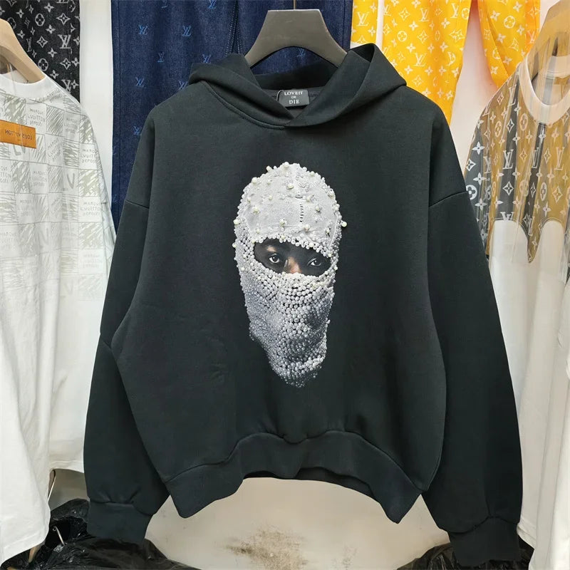 Herren Hoodie „IH NOM UH NIT“ Pearl Mask – Lockerer, Schwarzer Casual Sweatshirt
