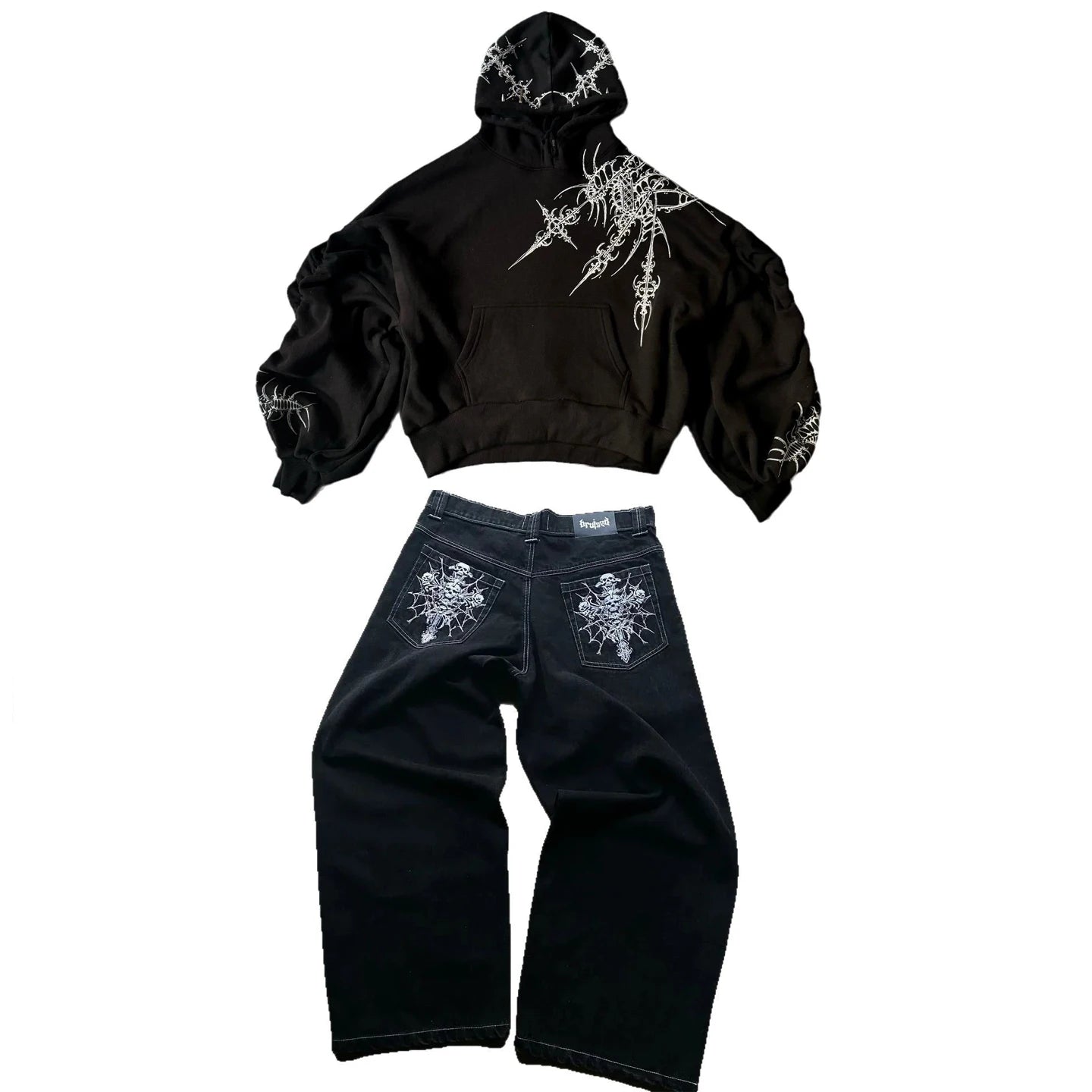 2025 Y2K Harajuku Jeans Hoodie Set – Totenkopf & Weite Gerade Denimhose