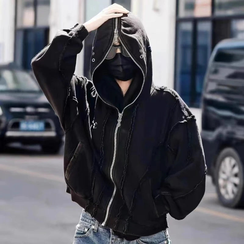 Y2K THUG CLUB VIBE Zipper Hoodie mit Shark Mask – Kurzer Hoodie für Herren, lässig & locker