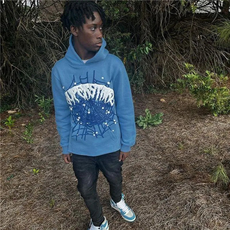 Spider Letter Print Hoodie – Y2K Unisex Pullover mit Kapuze & Fleecefutter