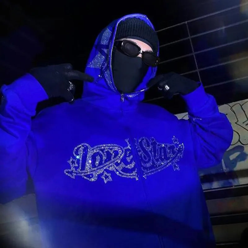 Herren Sweatshirt mit Stern Alphabet und Strass, Kapuzenjacke – Oversize Hoodie mit Reißverschluss, Hip Hop Style, Unisex, Y2K Mode für Frauen und Männer