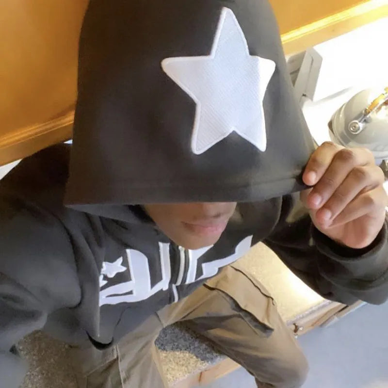 Vintage Zipper Stars Print Hoodie – Herbst/Winter Long Sleeve Sweatshirt für Männer