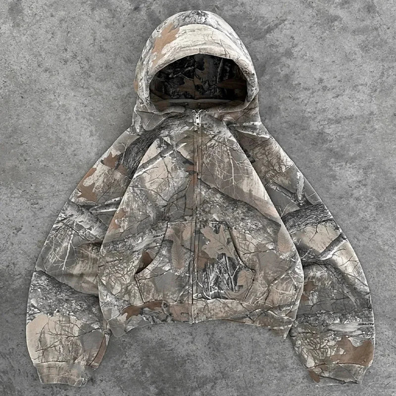 Y2K Retro Zip-Up Hoodie für Männer – Camouflage-Muster, Zipper Sweatshirt im High-Street Hip Hop Military Style