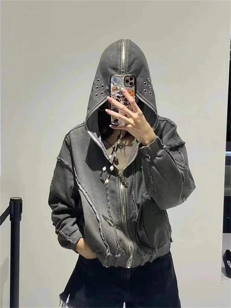 Y2K THUG CLUB VIBE Zipper Hoodie mit Shark Mask – Kurzer Hoodie für Herren, lässig & locker