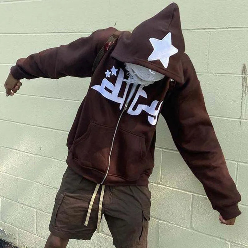 Vintage Zipper Stars Print Hoodie – Herbst/Winter Long Sleeve Sweatshirt für Männer