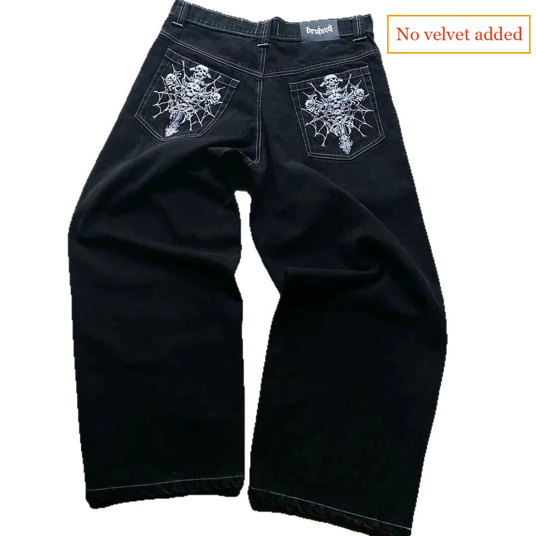 2025 Y2K Harajuku Jeans Hoodie Set – Totenkopf & Weite Gerade Denimhose