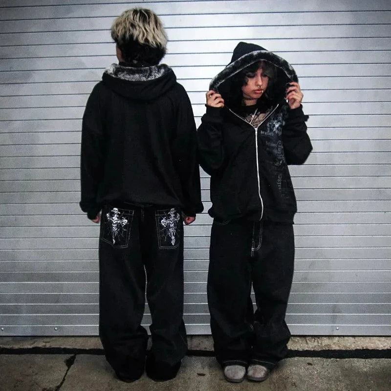 2025 Y2K Harajuku Jeans Hoodie Set – Totenkopf & Weite Gerade Denimhose