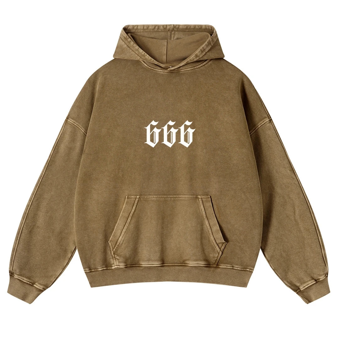 „666“ Digital Print Hoodie – Unisex Kapuzenpullover im Washed-Look