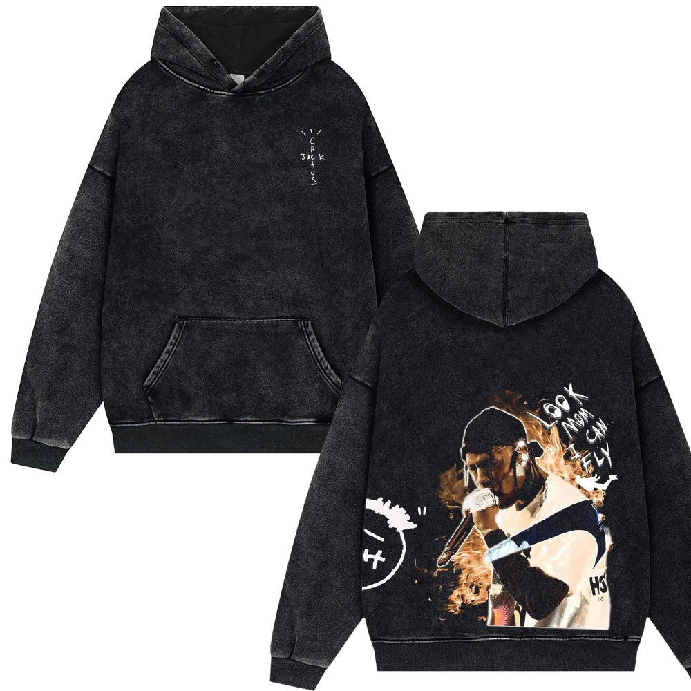 2025 Streetwear Travis Look "Mom I Can Fly" Vintage Washed Hoodies – Unisex Oversized Pullover für Männer und Frauen