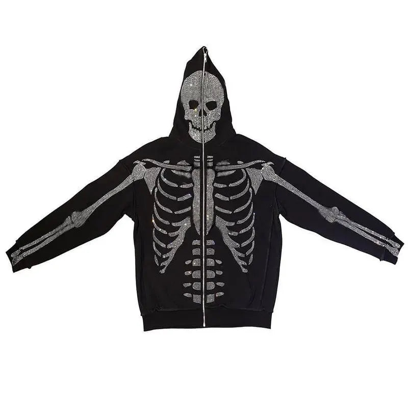 💀 Full Zip Hoodie – "Rhinestone Skeleton" | Oversized Gothic Streetwear für Sie & Ihn