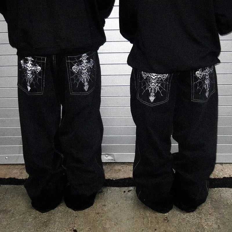 2025 Y2K Harajuku Jeans Hoodie Set – Totenkopf & Weite Gerade Denimhose
