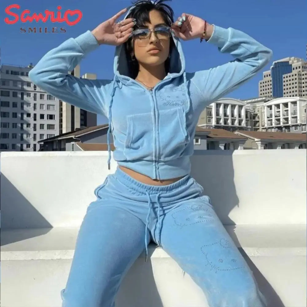 Anime 2-teiliges Hello Kitty Damen Samt Hoodie Set – Zip-Up Sweatshirt & Jogginghose, Kawaii Sanrio Sportanzug mit Strasssteinen