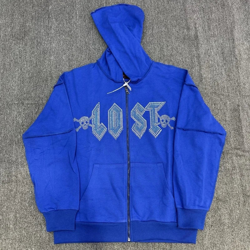 Lost Intricacy Zip-Up Hoodie – Blauer Unisex Hoodie aus reiner Baumwolle mit Kapuze