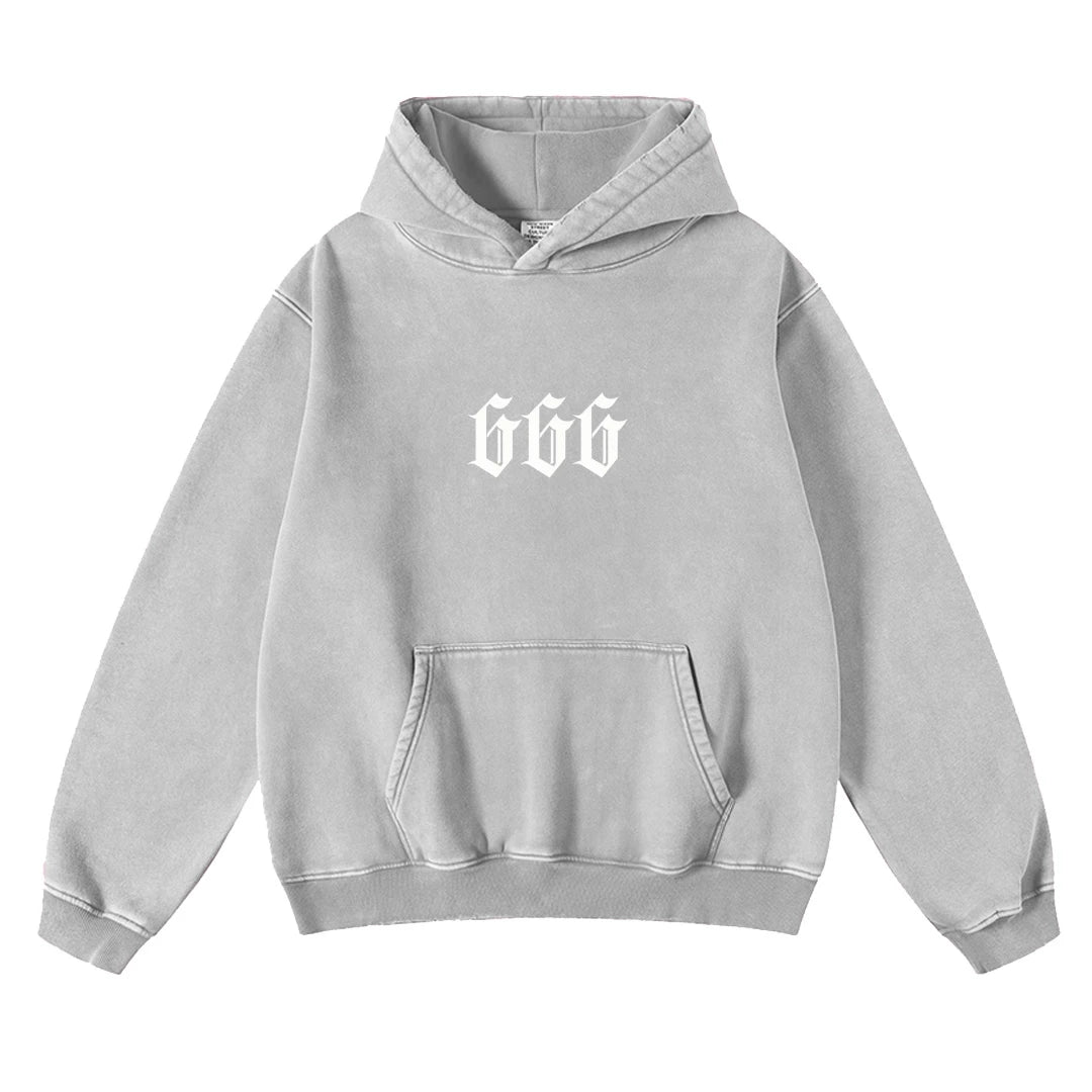 „666“ Digital Print Hoodie – Unisex Kapuzenpullover im Washed-Look