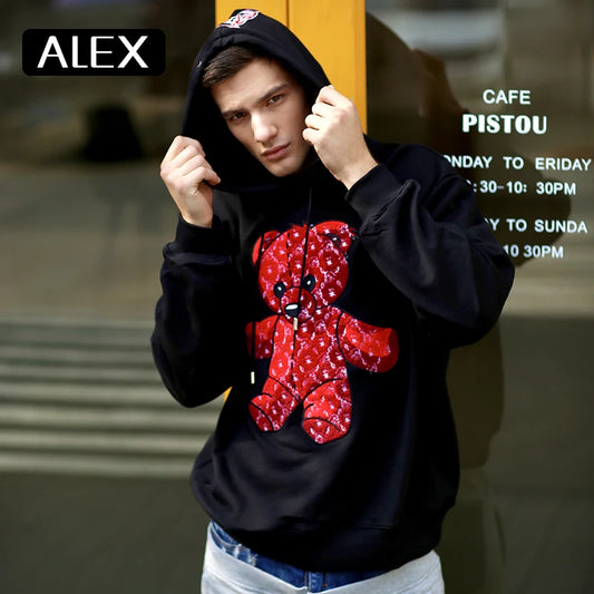 Alex Plein Herren Sweatshirt – Oversized Hoodie mit 100% Baumwolle und Teddy-Bär Stickerei