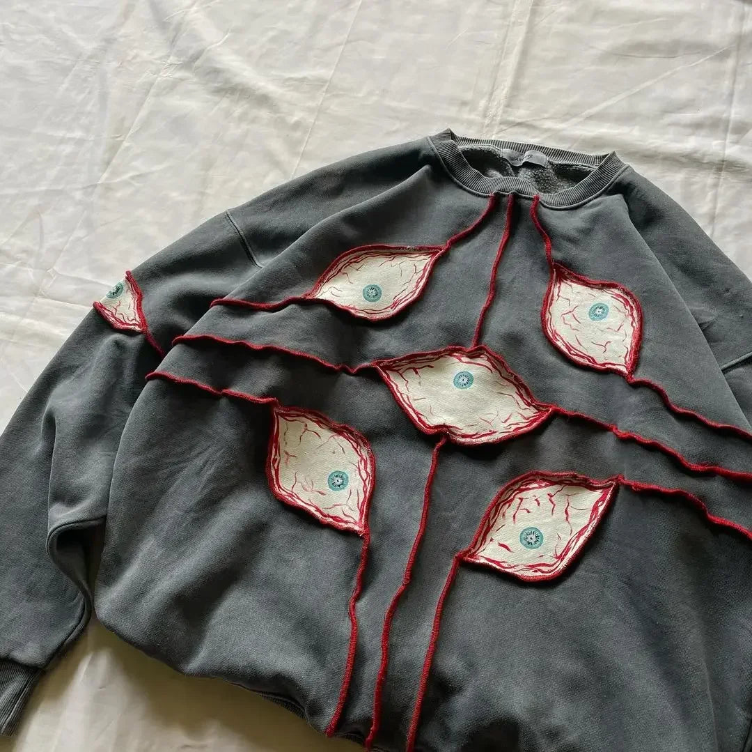 Y2K Oversized Hoodie mit Eye-Patchwork – Unisex Streetwear im Gothic-Retro-Style
