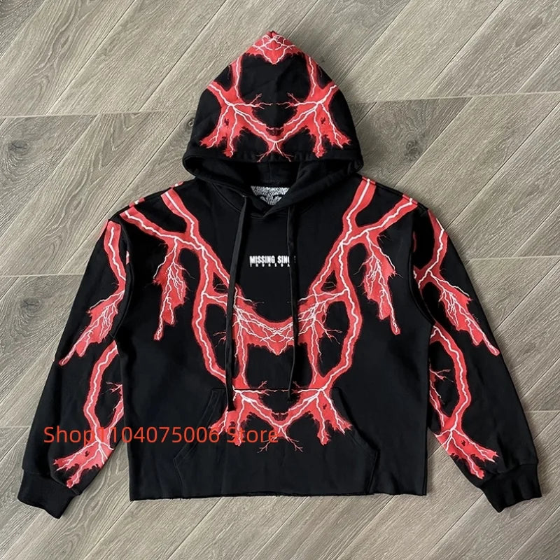 Lightning Pattern Reflective Hooded Sweatshirt – Missing Since Thursday Streetwear Unisex Winter Hoodie für Männer