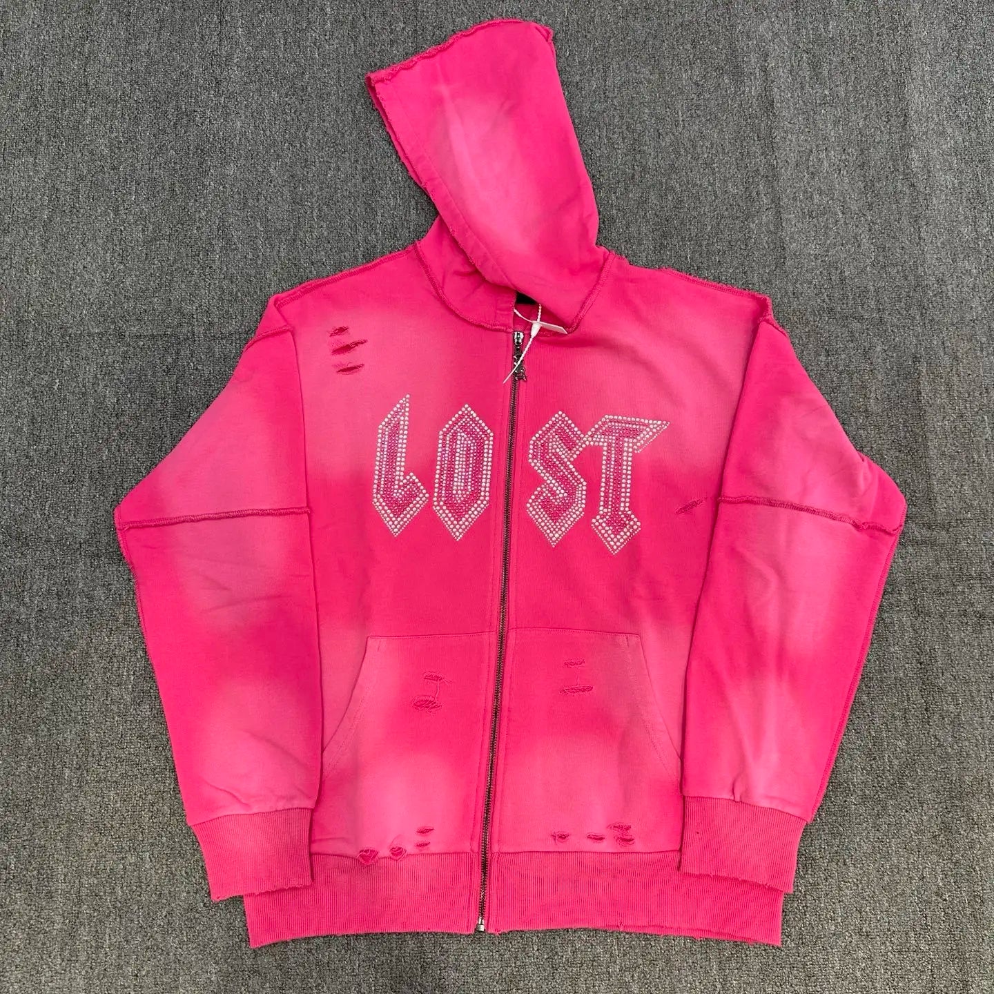 Lost Intricacy Diamond Zip Hoodie – Distressed Look, Unisex Streetwear Sweatshirt