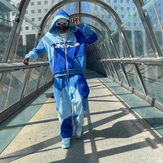 🧥 2-teiliges Streetwear-Set – Patchwork Zipper Hoodie & Jogginghose (Unisex)