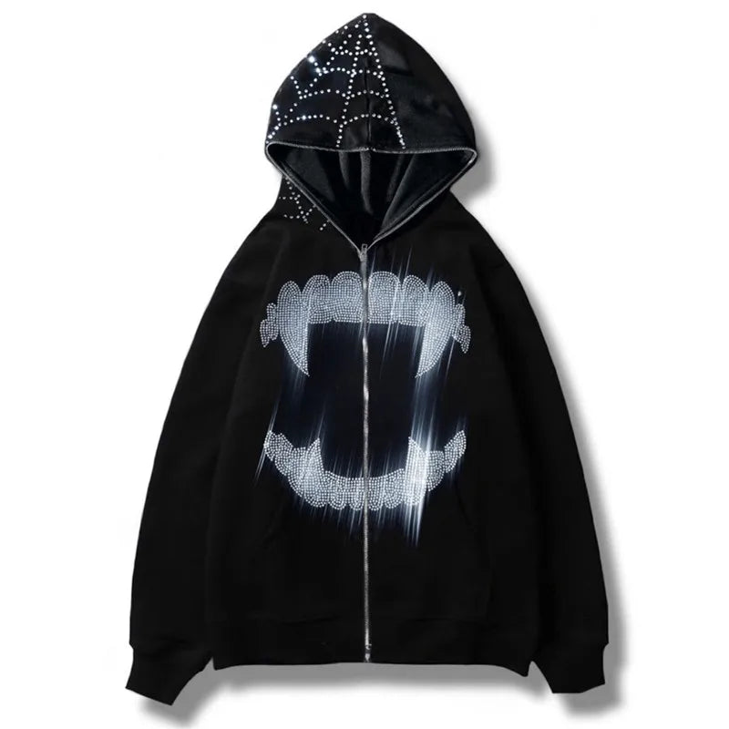 Grunge Y2K Hoodie mit Reißverschluss – Oversized Goth Sweatshirt mit Strass, Spinnennetz & Zahn-Print