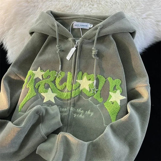 Damen Corduroy Hoodie mit Stickerei – Oversize Zip-Up Pullover im Harajuku Y2K Stil