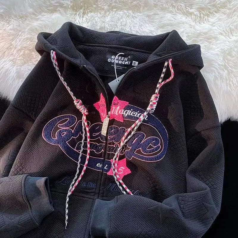 🖤 Oversized Y2K Zipper Hoodie – Unisex Streetwear im Retro-Look | Frühling & Herbst | Stickerei & Patchwork-Design