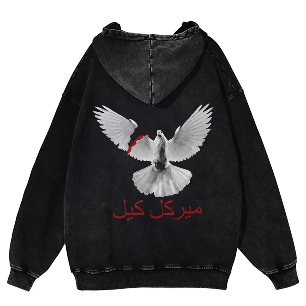 Herren Hoodie mit Arabischem Weißer Taube Muster – Hip Hop Streetwear, Retro Washed Baumwoll-Pullover mit Kapuze