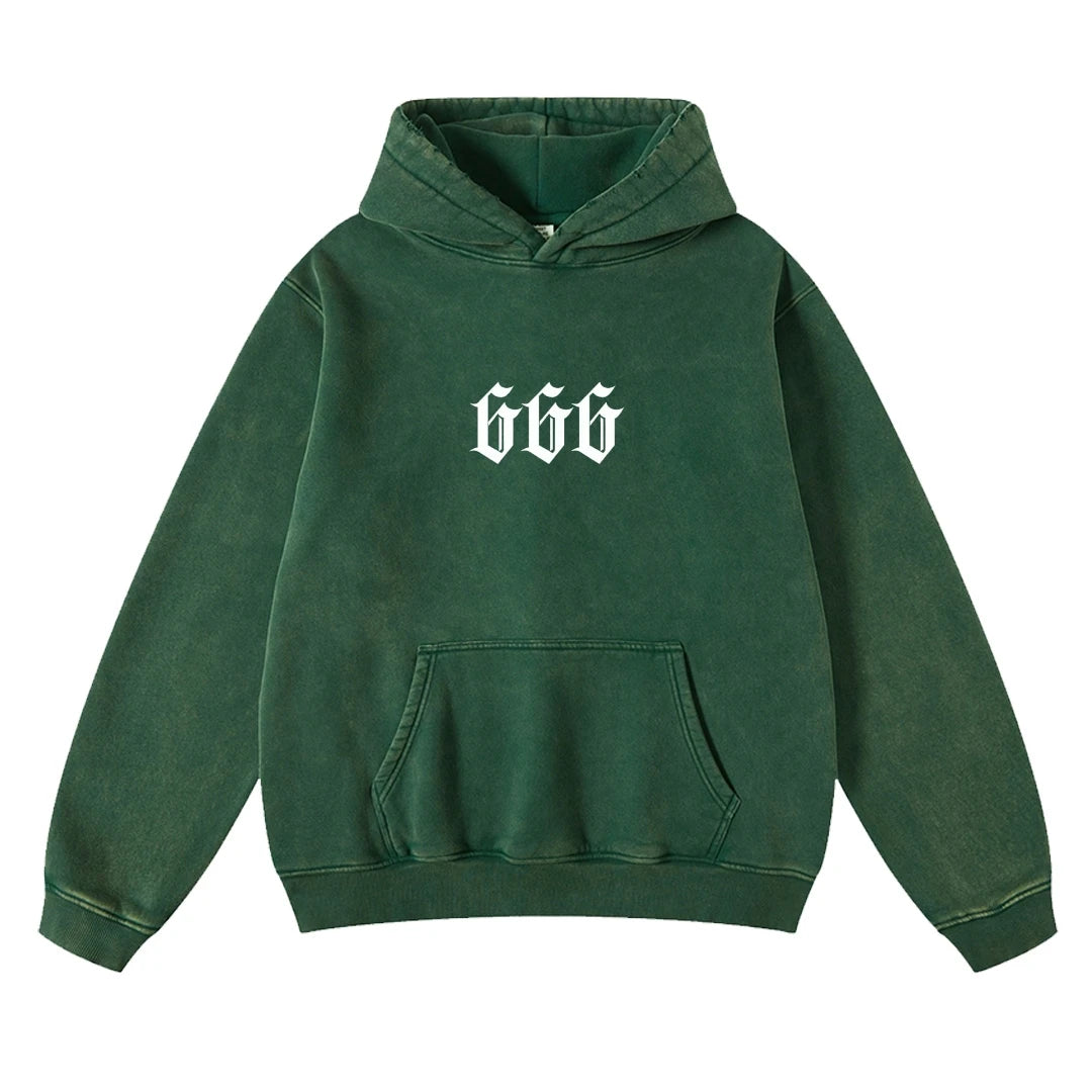 „666“ Digital Print Hoodie – Unisex Kapuzenpullover im Washed-Look