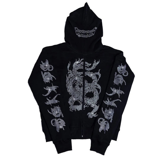 ✨ Y2K Fashion Zip Hoodie mit Strass – Oversized Grunge Sweatshirt für Herren