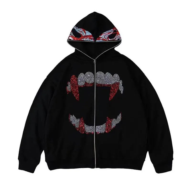 Y2K Strass Zip-Up Hoodie – Oversized Gothic Sweatshirt für Damen & Herren