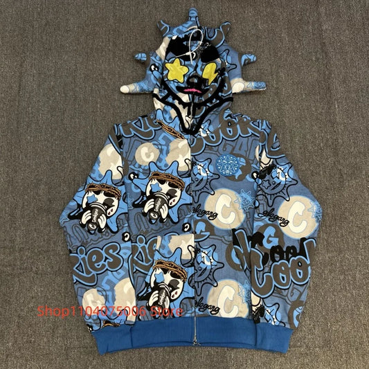 🔥 Glo Gang Zip Hoodie – Herren Streetwear mit Cartoon-Graffiti-Design | Weiche Baumwolle | Lässiger Winter-Style mit Reißverschluss